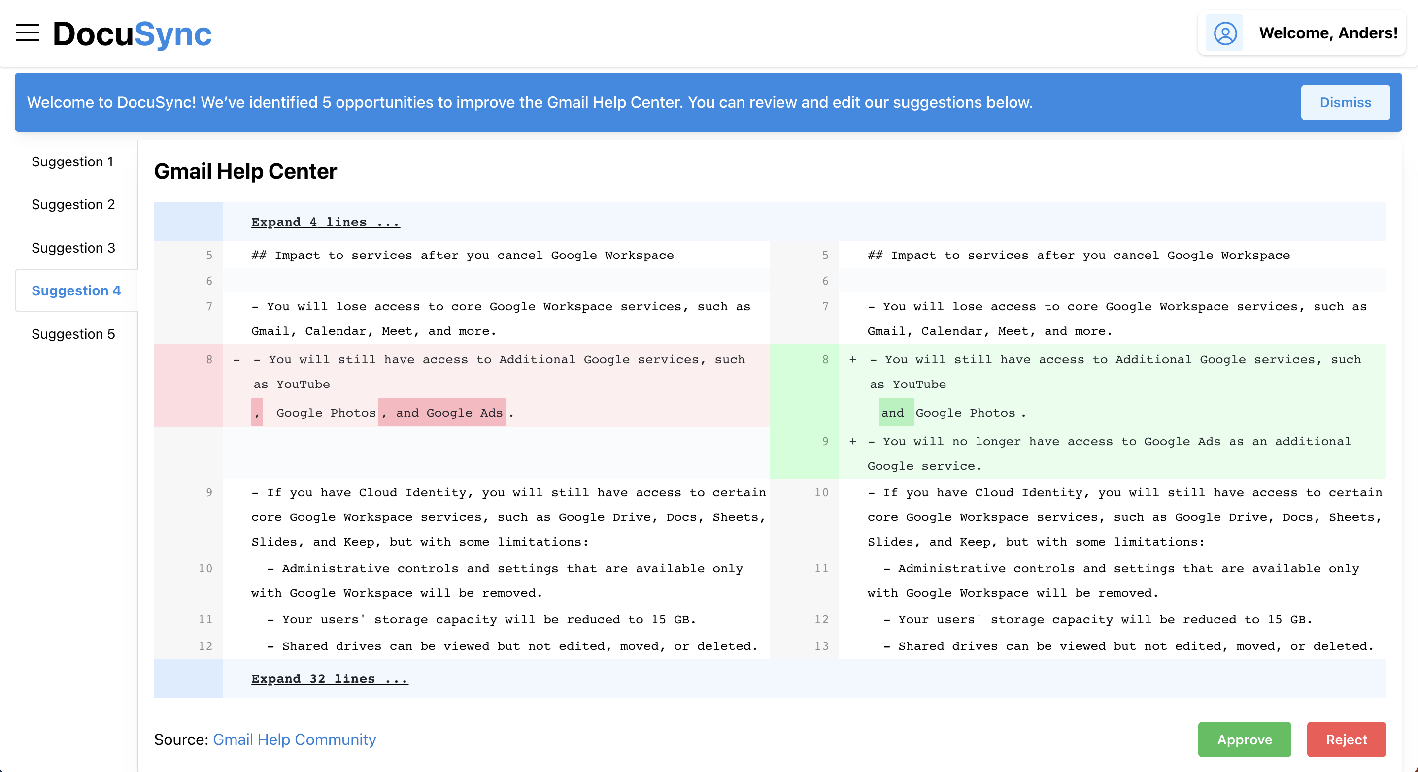 DocuSync screenshot, a document diff viewer showing suggestions made by AI.