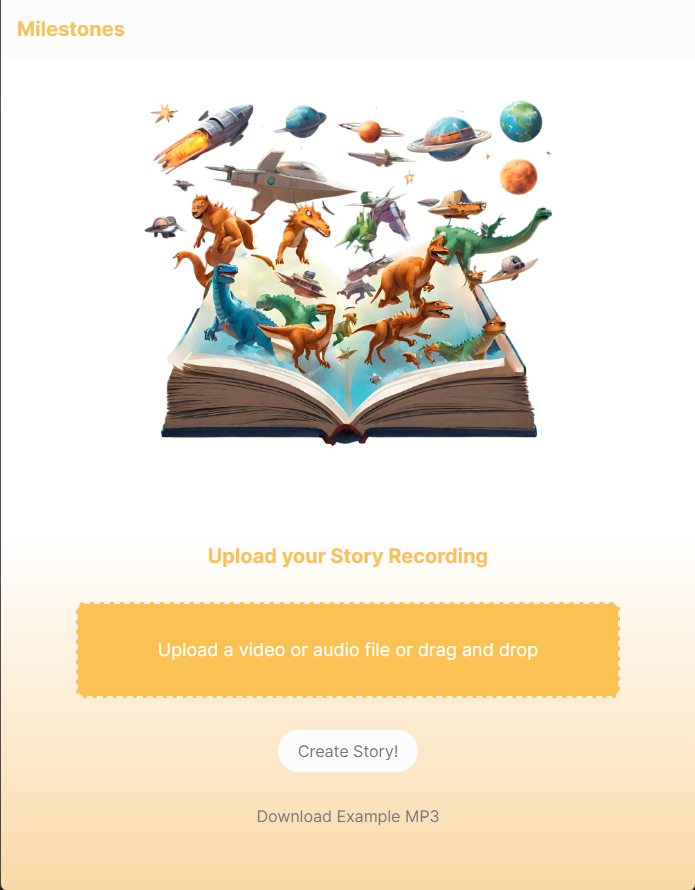 Milestones landing page, depicting a book with creatures coming out of it and an audio recording upload form.